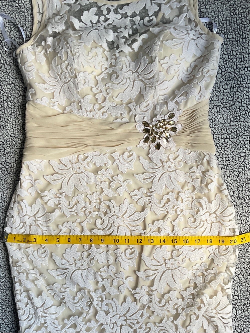 Montage by Mon Cheri Ivory Lace Maxi Dress with Champagne Sash - Picture 12 of 16